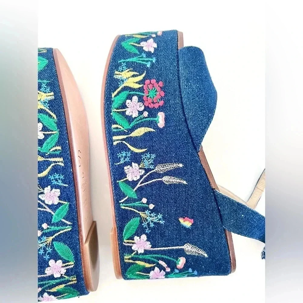 Etienne Aigner Sofhia Floral Embroidered Denim Platform Strappy Shoes‎ Size 6.5